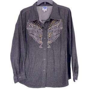 Diane Gilman DG2 Black Denim Wing Studs Embellished Shirt Womens Sz Large